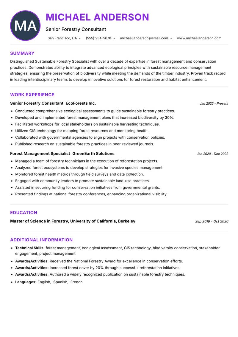 Sustainable Forestry Specialist resume example — ATS-friendly template