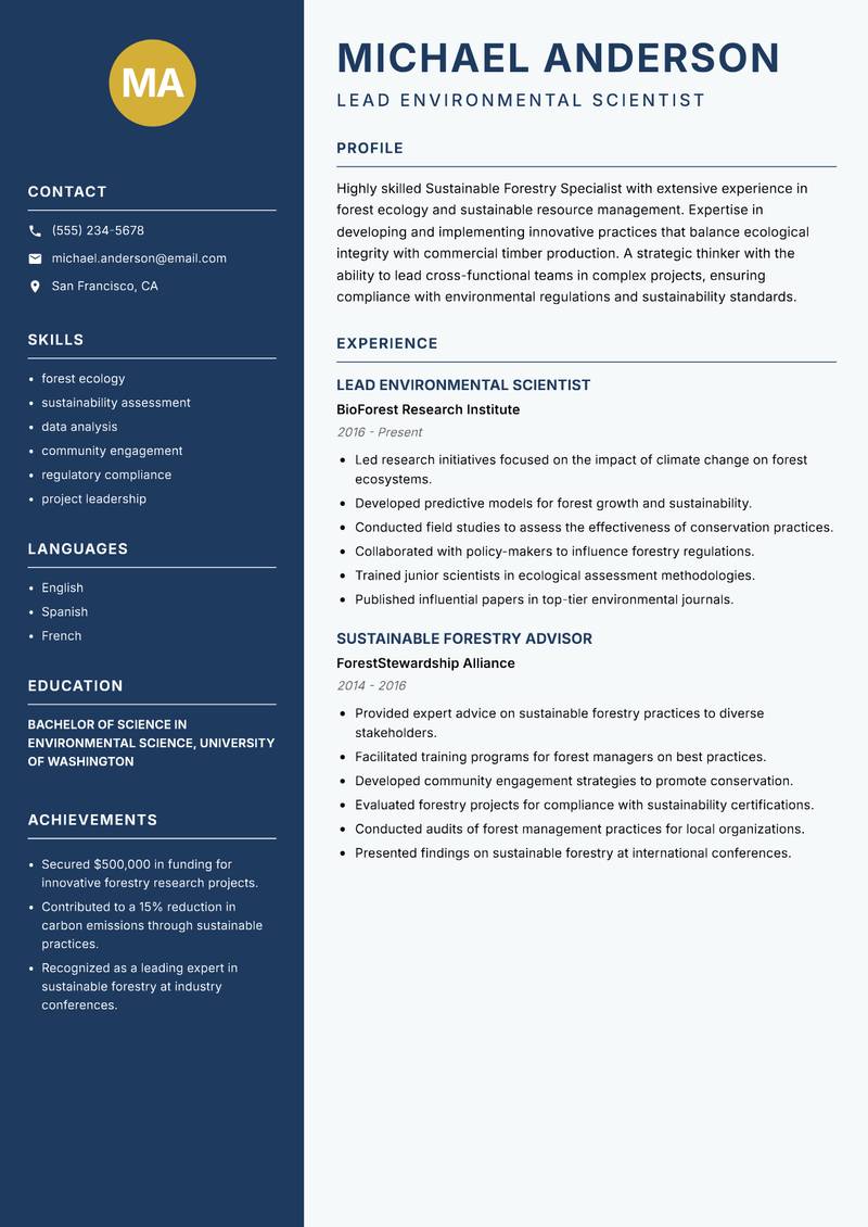 Sustainable Forestry Specialist resume template — Classic Clean