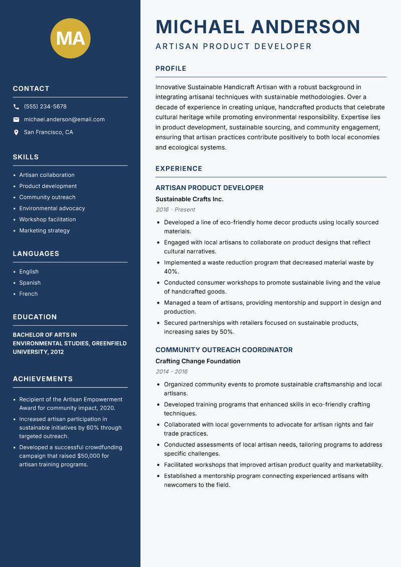Sustainable Handicraft Artisan resume template — Classic Clean