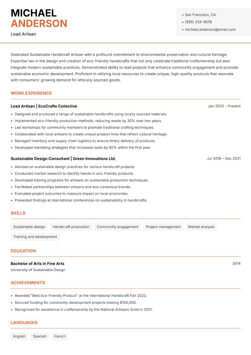 Sustainable Handicraft Artisan resume template — Modern Professional