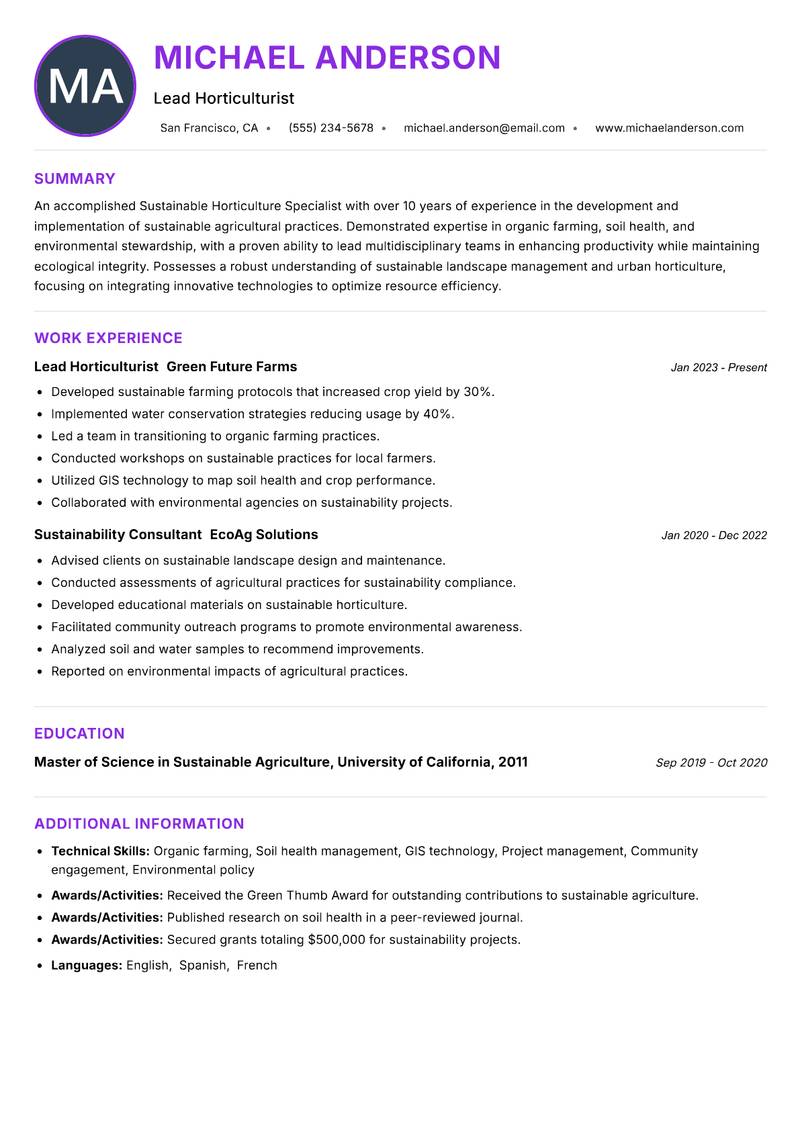 Sustainable Horticulture Specialist resume example — ATS-friendly template