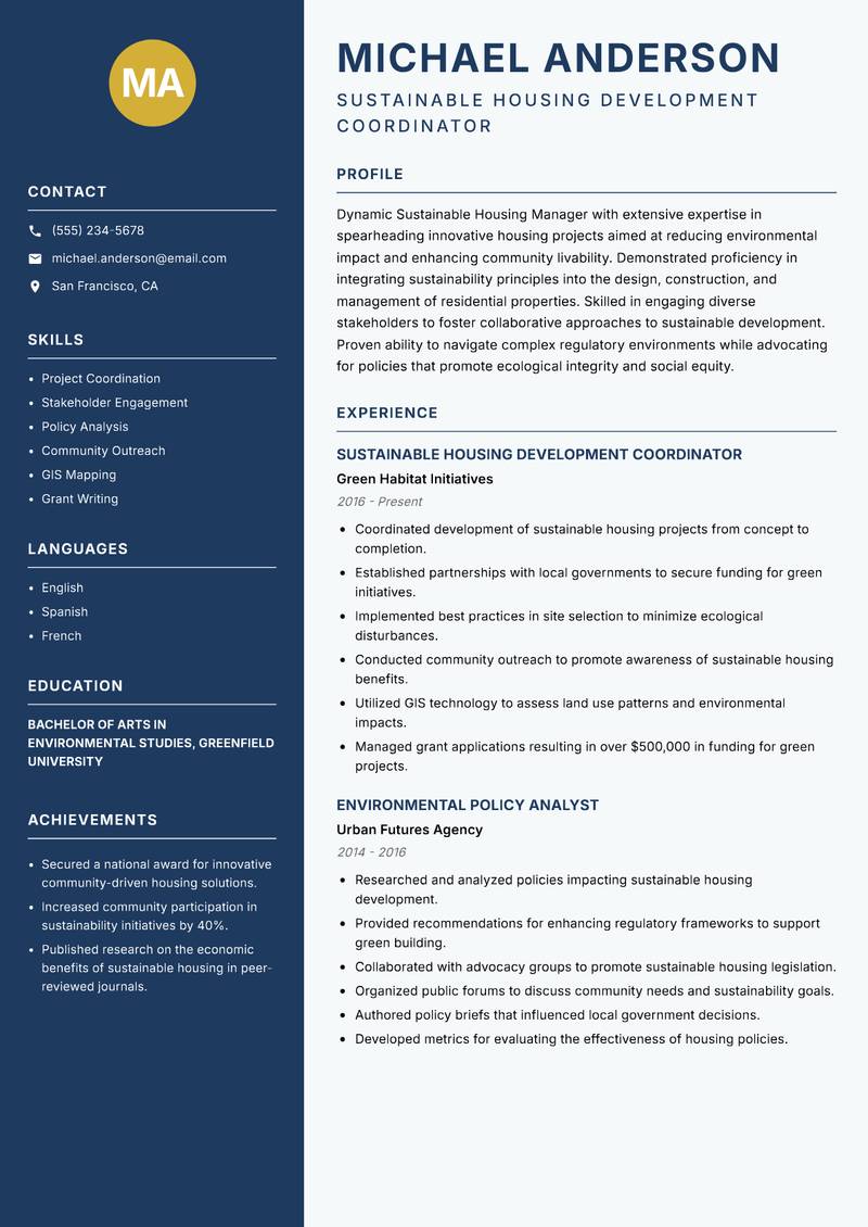Sustainable Housing Manager resume template — Classic Clean