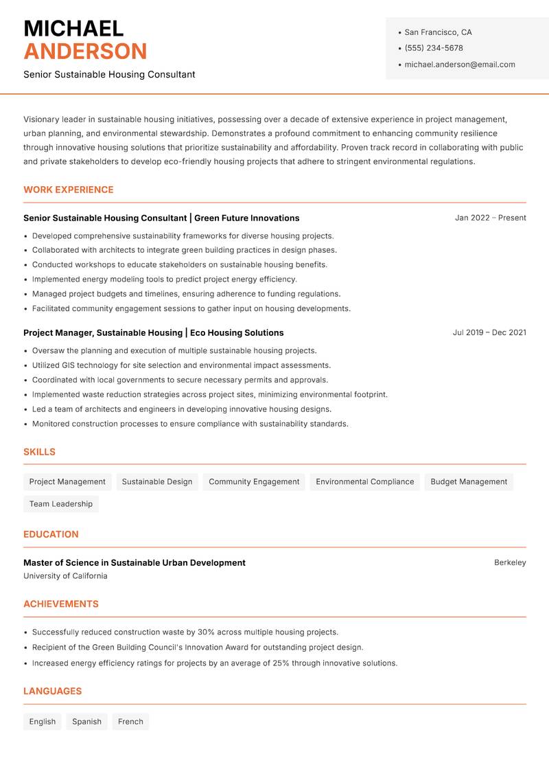 Sustainable Housing Manager resume template — Modern Professional