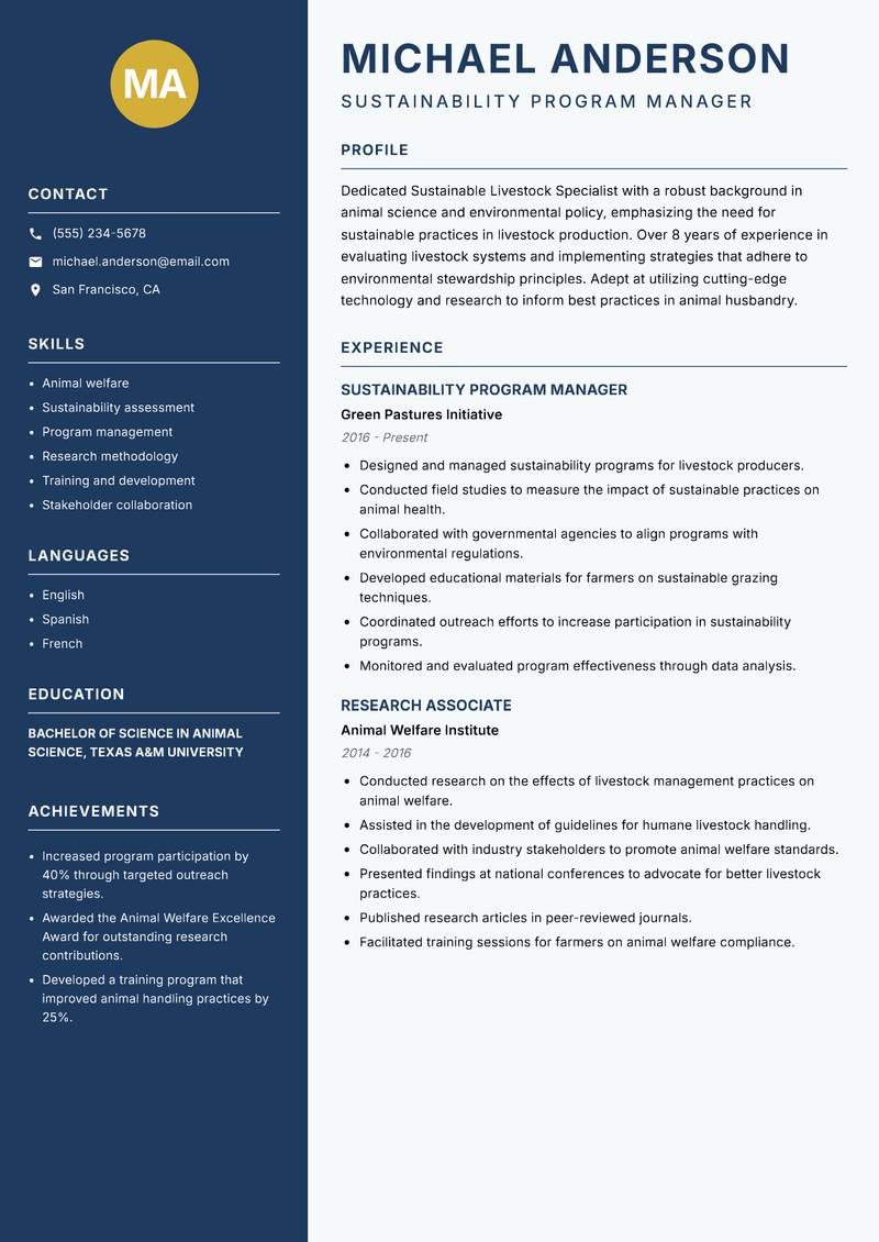 Sustainable Livestock Specialist resume template — Classic Clean