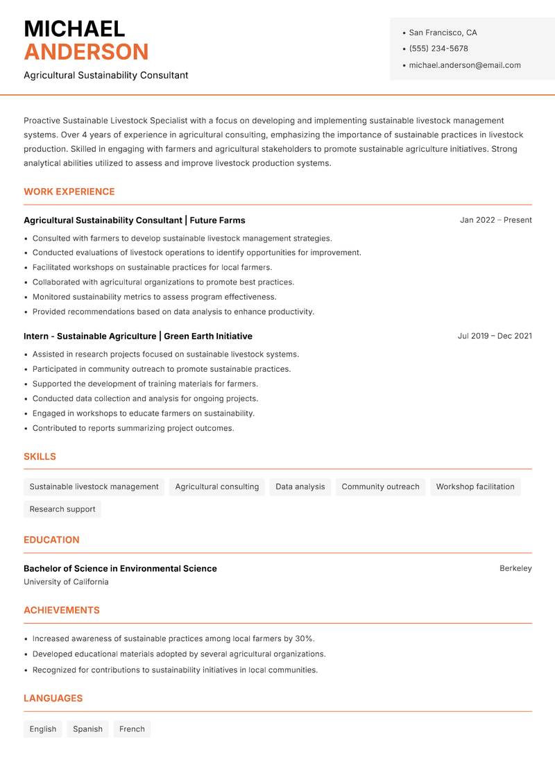Sustainable Livestock Specialist resume template — Modern Professional