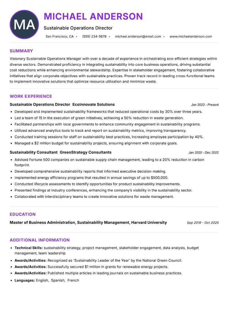 Sustainable Operations Manager resume example — ATS-friendly template