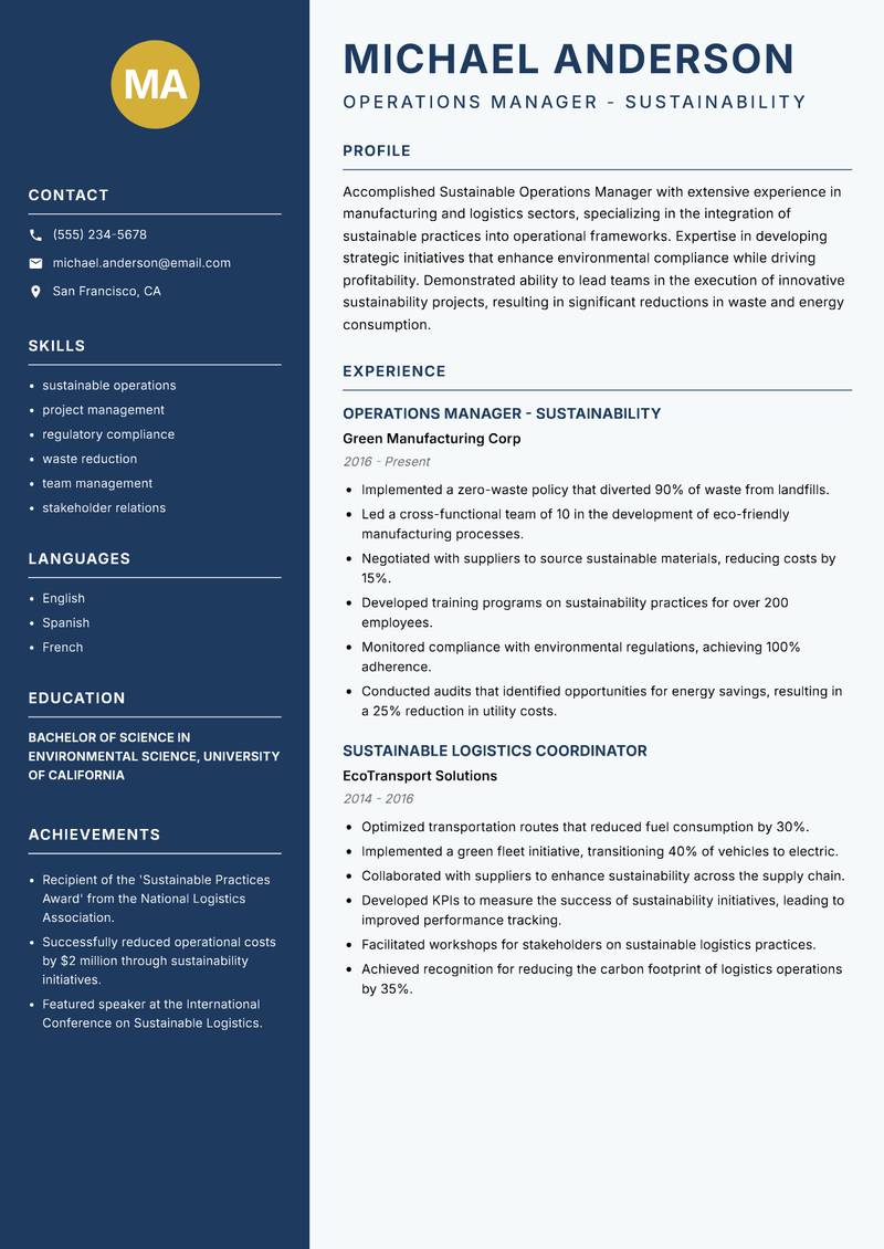 Sustainable Operations Manager resume template — Classic Clean