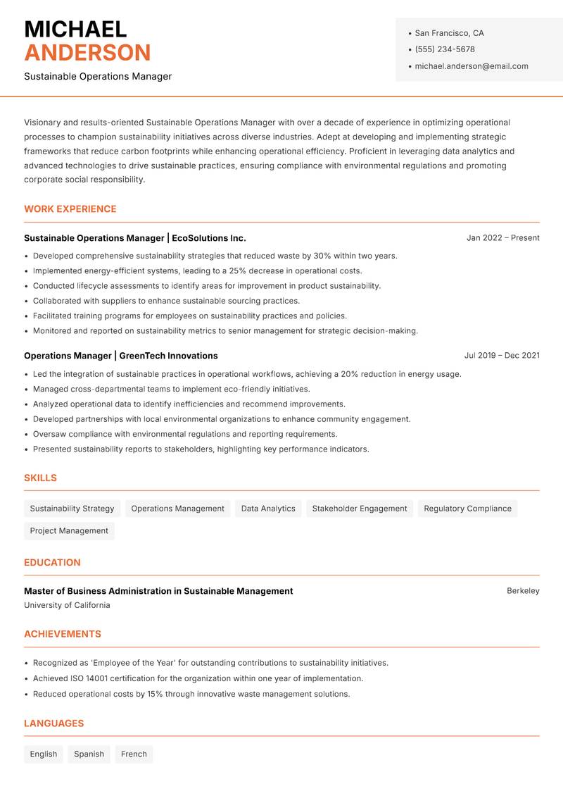 Sustainable Operations Manager resume template — Modern Professional