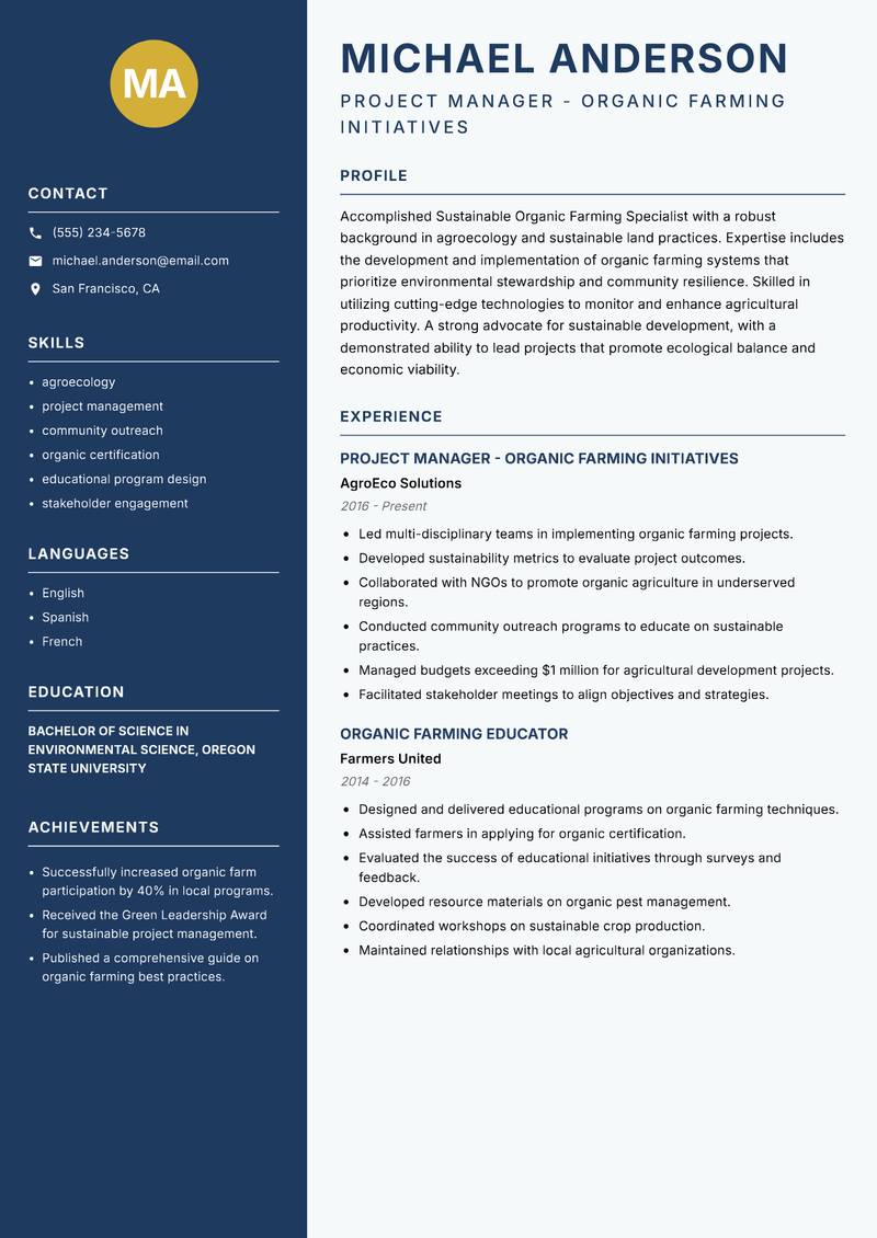 Sustainable Organic Farming Specialist resume template — Classic Clean
