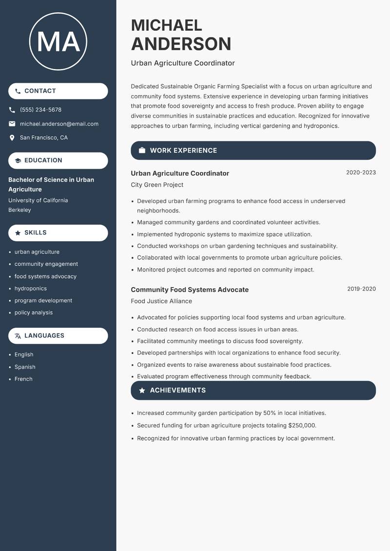 Sustainable Organic Farming Specialist resume template — Compact