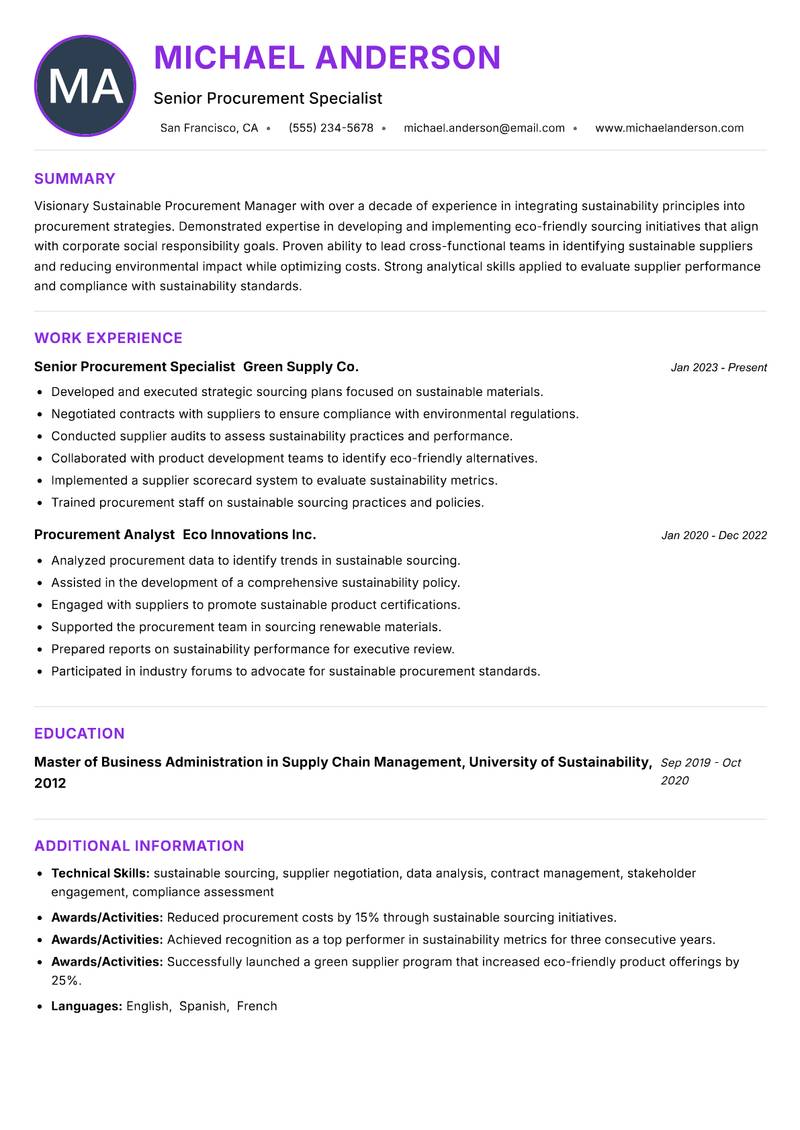 Sustainable Procurement Manager resume example — ATS-friendly template