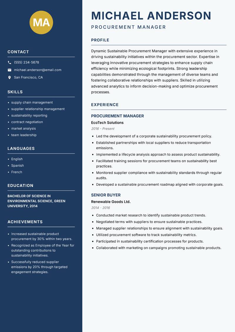 Sustainable Procurement Manager resume template — Classic Clean
