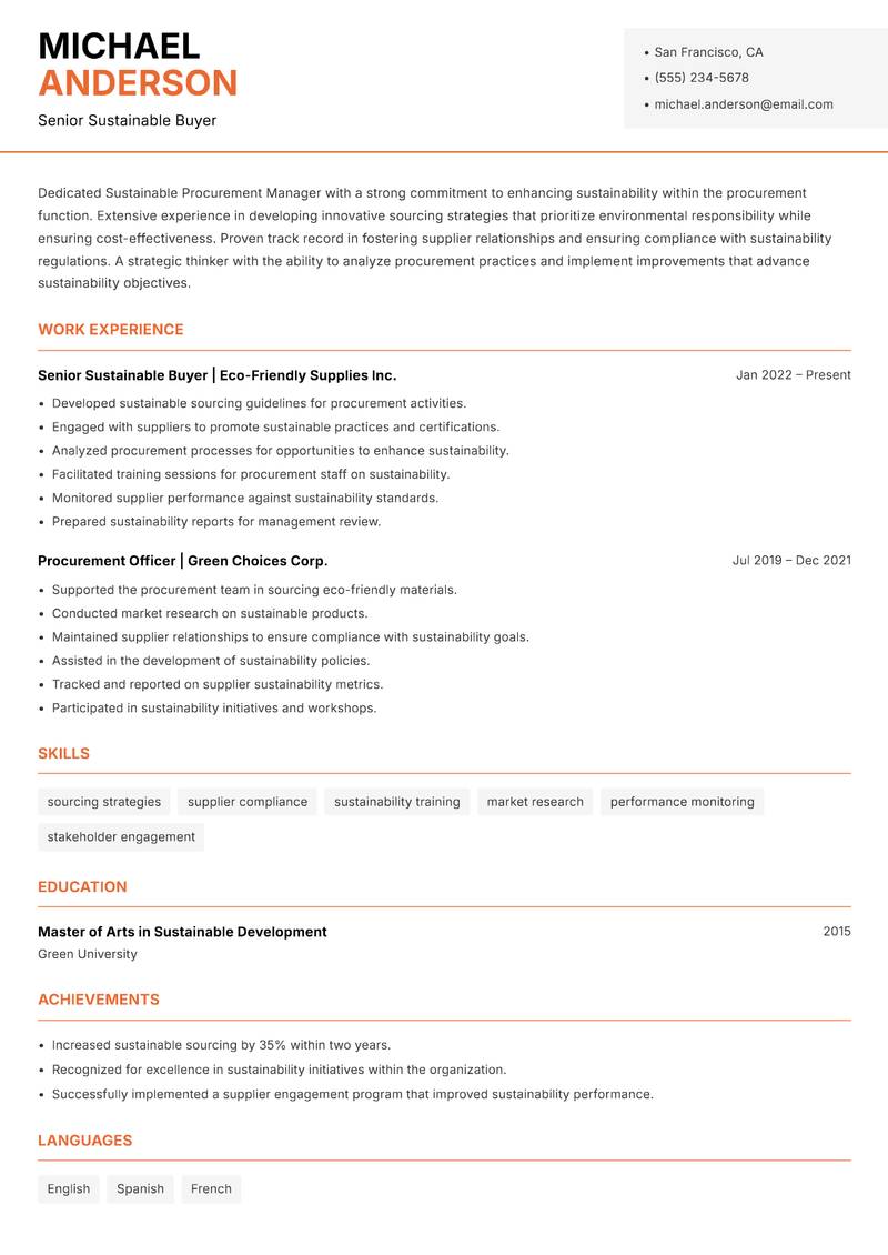 Sustainable Procurement Manager resume template — Modern Professional