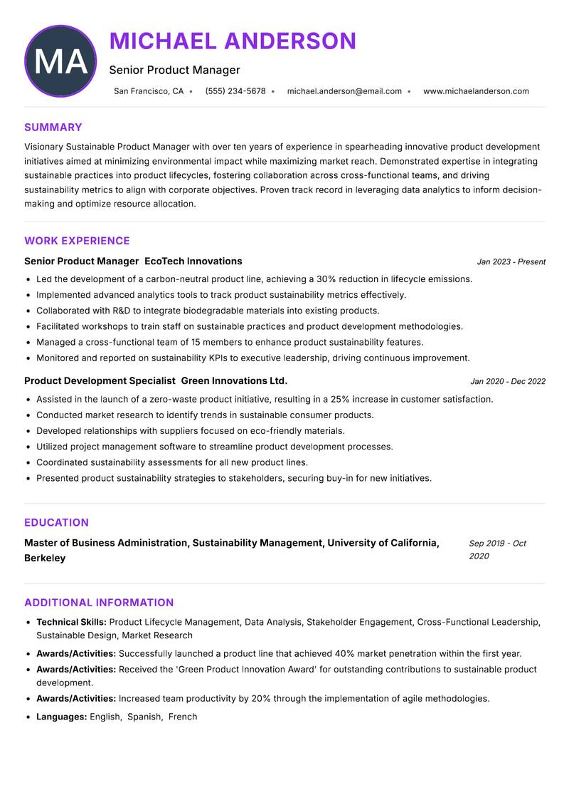 Sustainable Product Manager resume example — ATS-friendly template