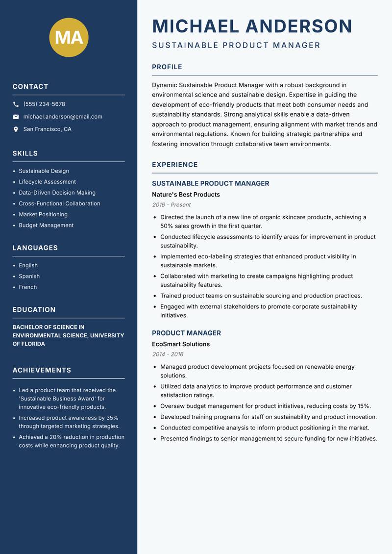 Sustainable Product Manager resume template — Classic Clean