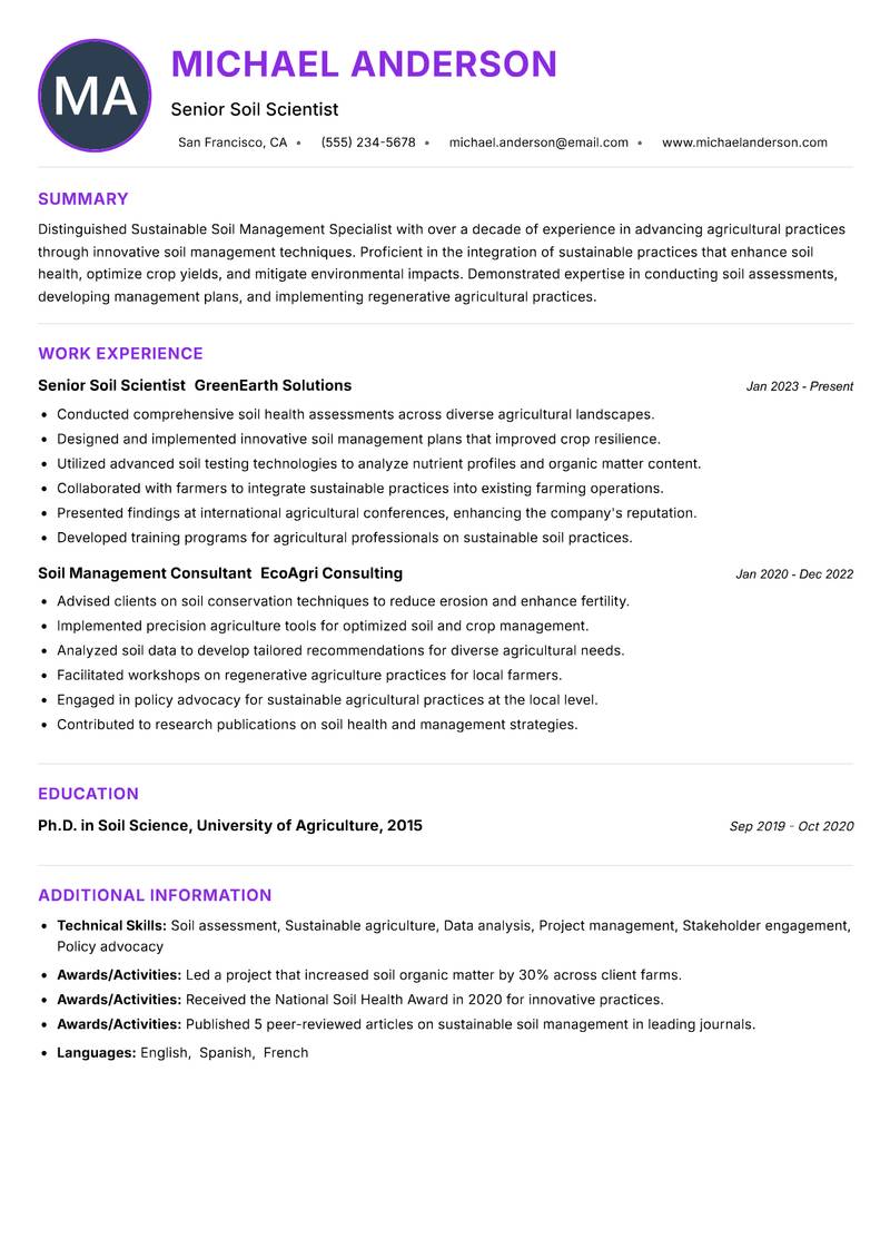 Sustainable Soil Management Specialist resume example — ATS-friendly template