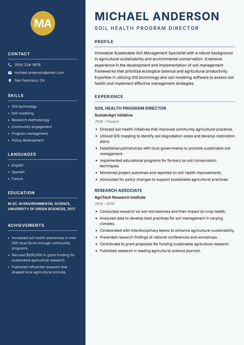 Sustainable Soil Management Specialist resume template — Classic Clean