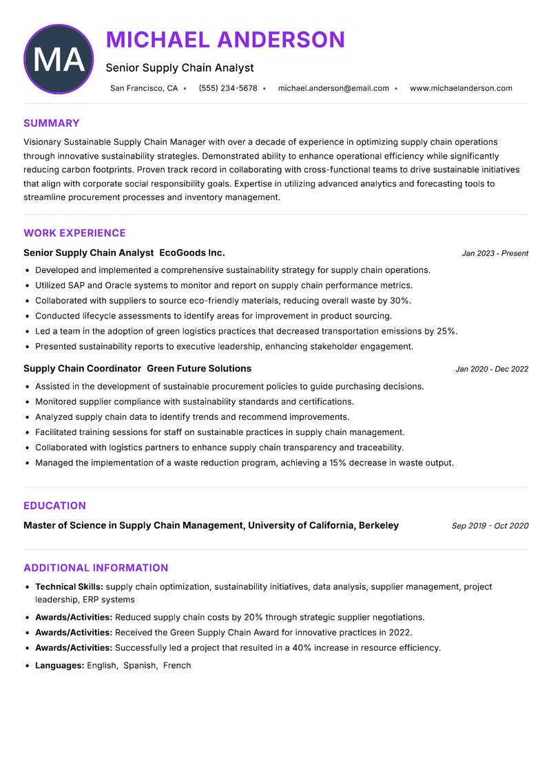Sustainable Supply Chain Manager resume example — ATS-friendly template