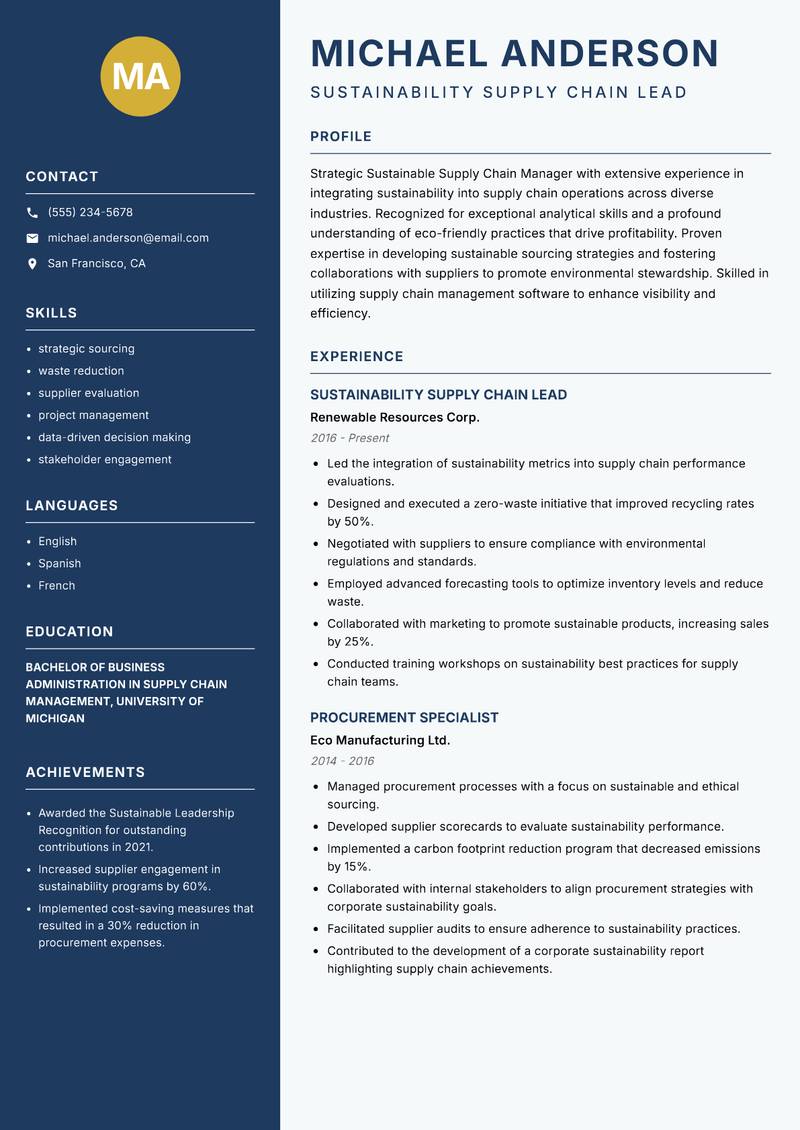 Sustainable Supply Chain Manager resume template — Classic Clean