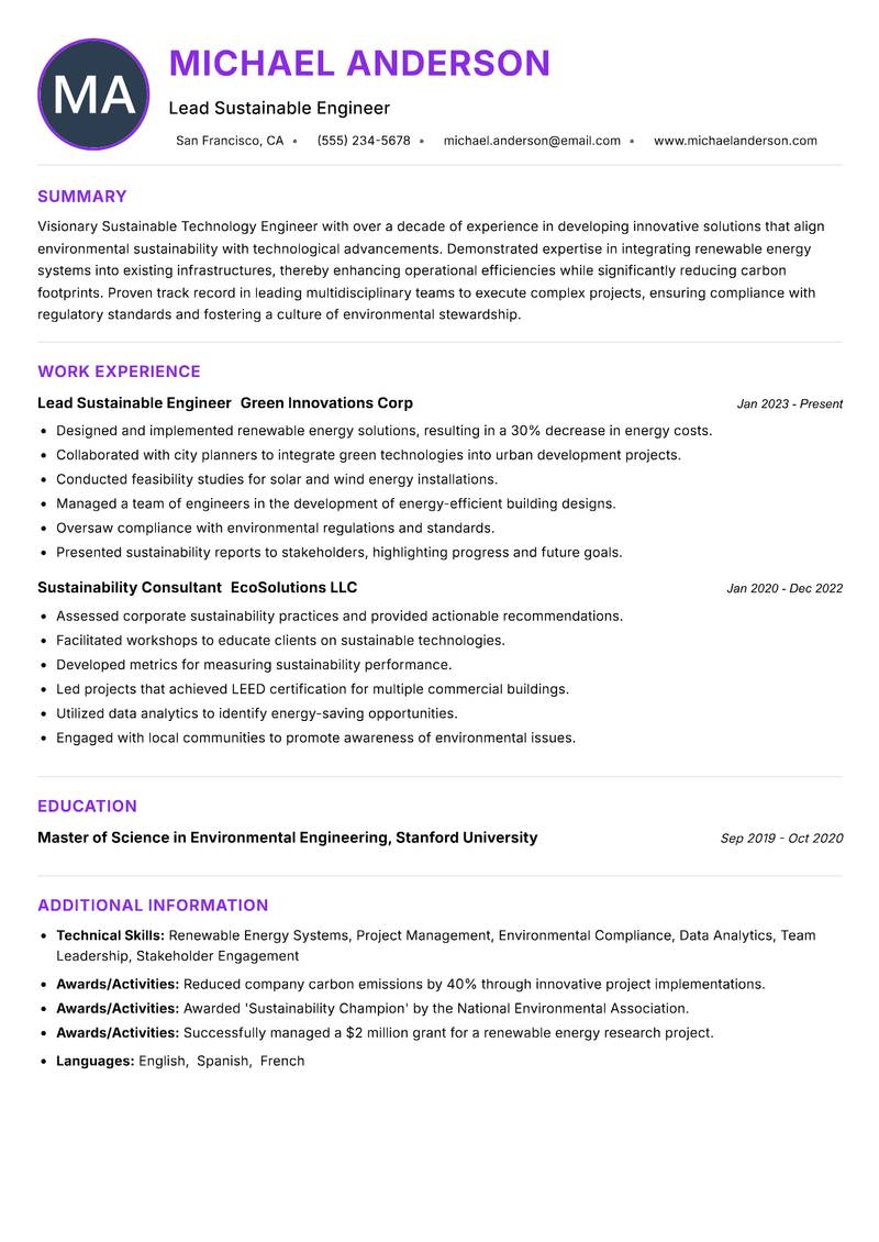 Sustainable Technology Engineer resume example — ATS-friendly template