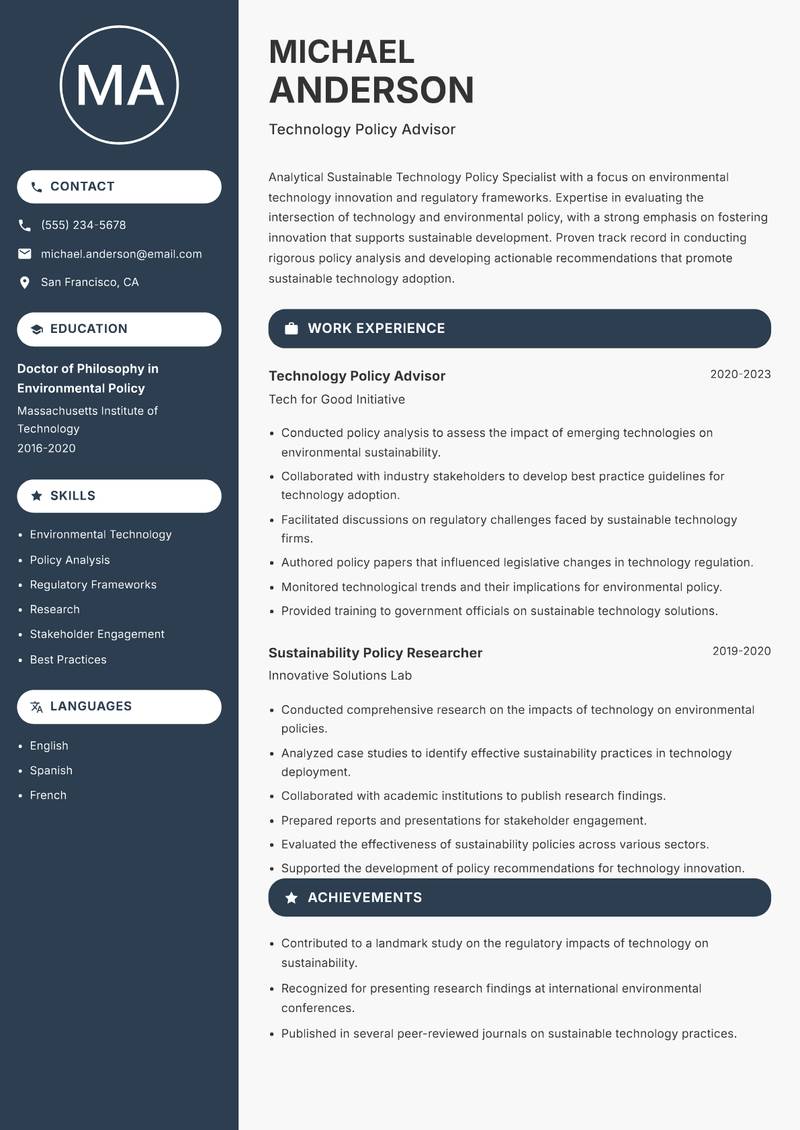 Sustainable Technology Policy Specialist resume template — Compact