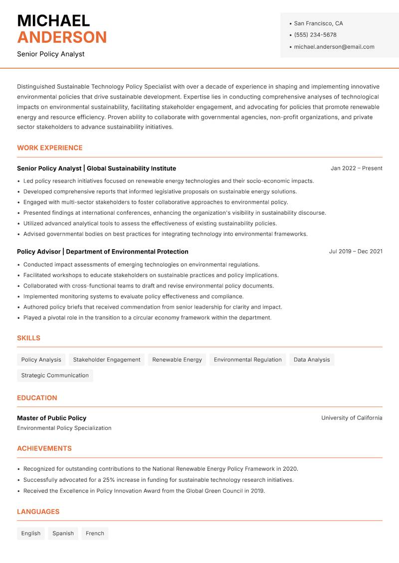 Sustainable Technology Policy Specialist resume template — Modern Professional