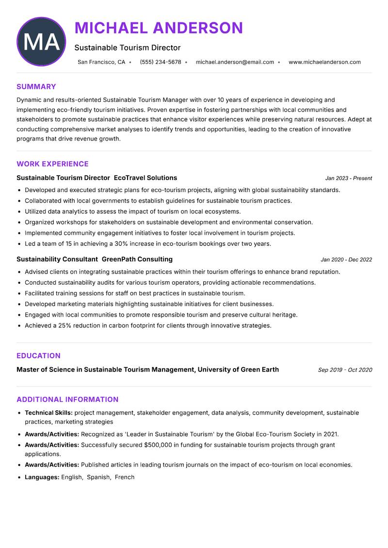 Sustainable Tourism Manager resume example — ATS-friendly template