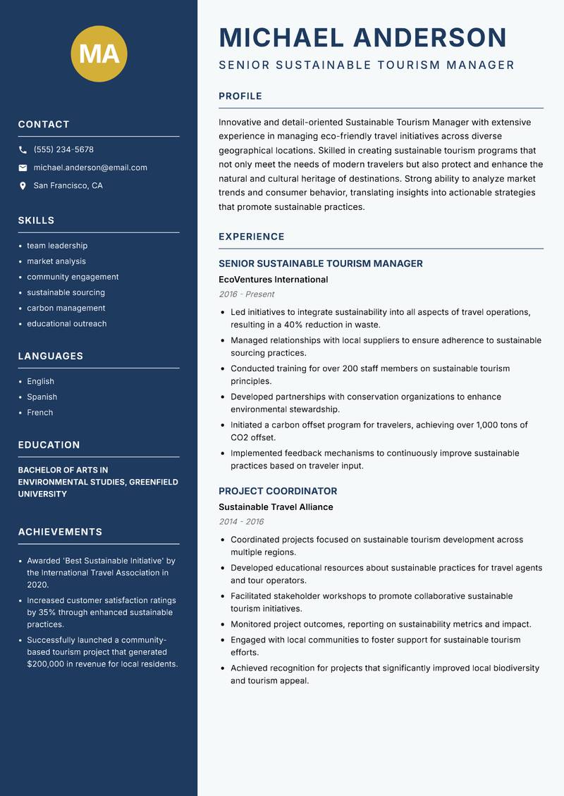 Sustainable Tourism Manager resume template — Classic Clean