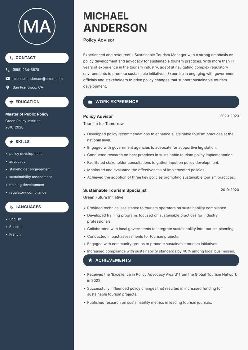 Sustainable Tourism Manager resume template — Compact