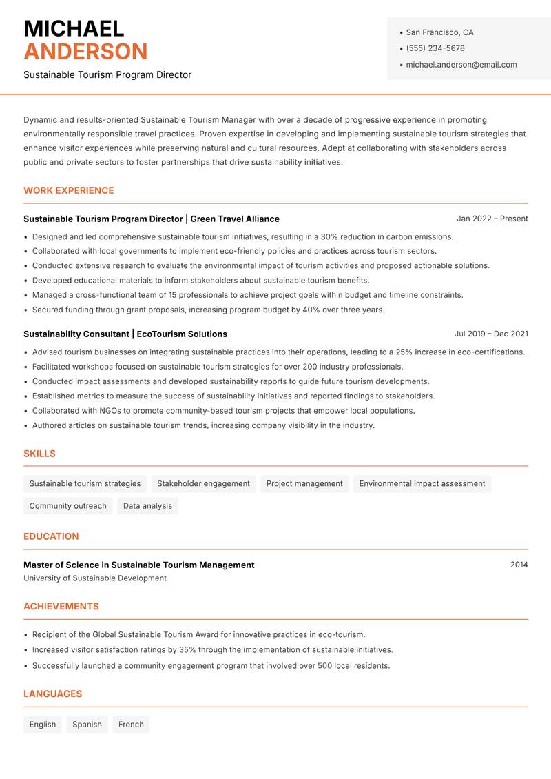 Sustainable Tourism Manager resume template — Modern Professional