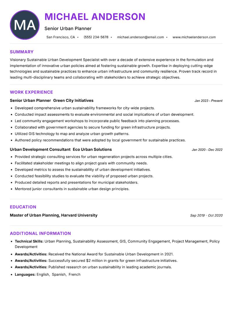 Sustainable Urban Development Specialist resume example — ATS-friendly template