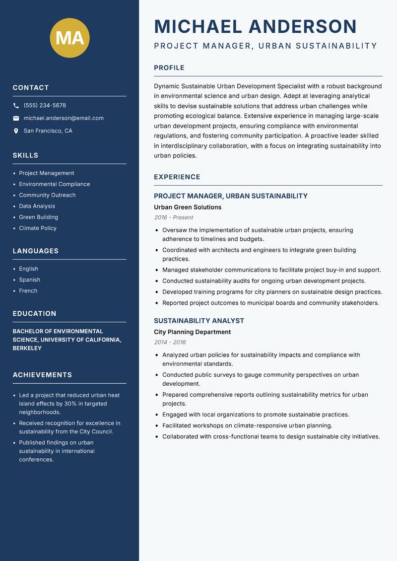 Sustainable Urban Development Specialist resume template — Classic Clean