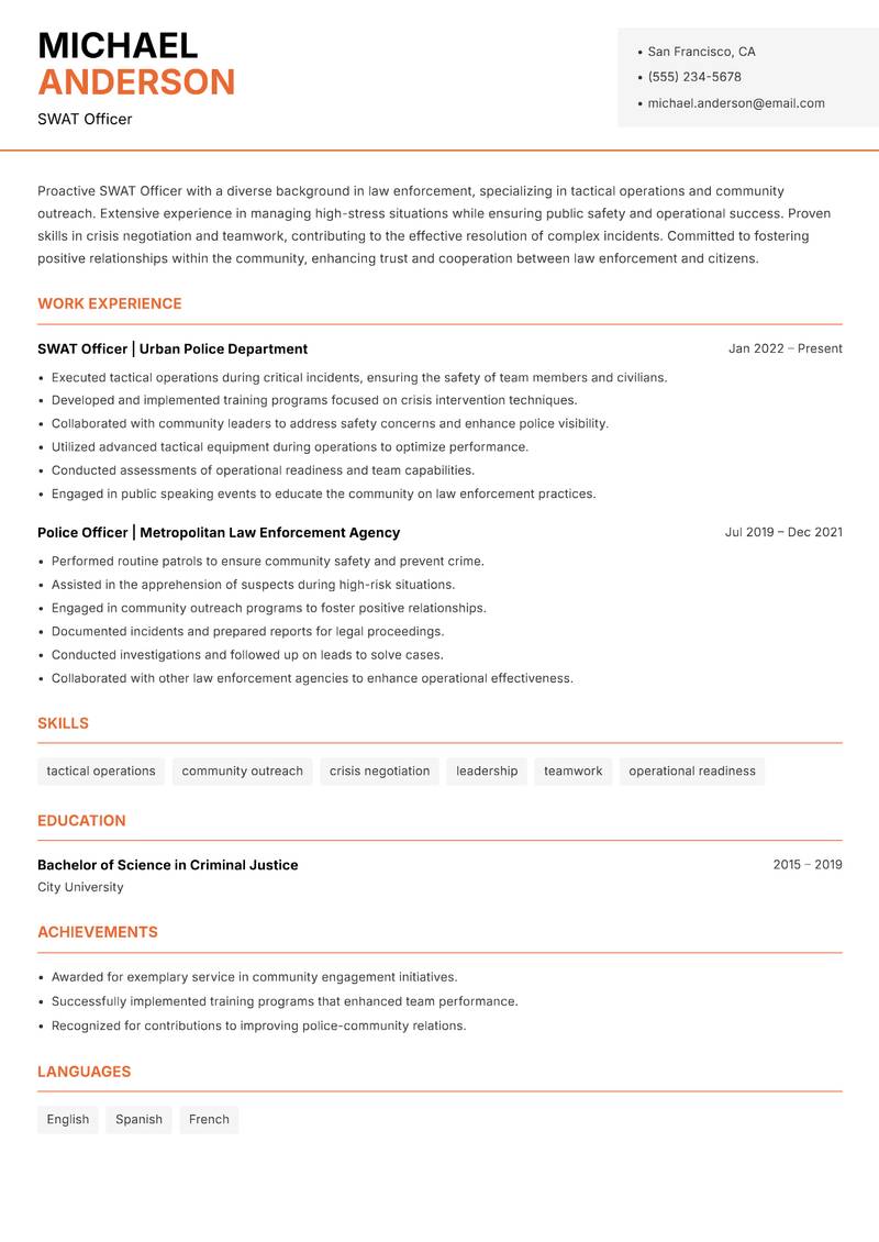SWAT Officer resume template — Modern Professional
