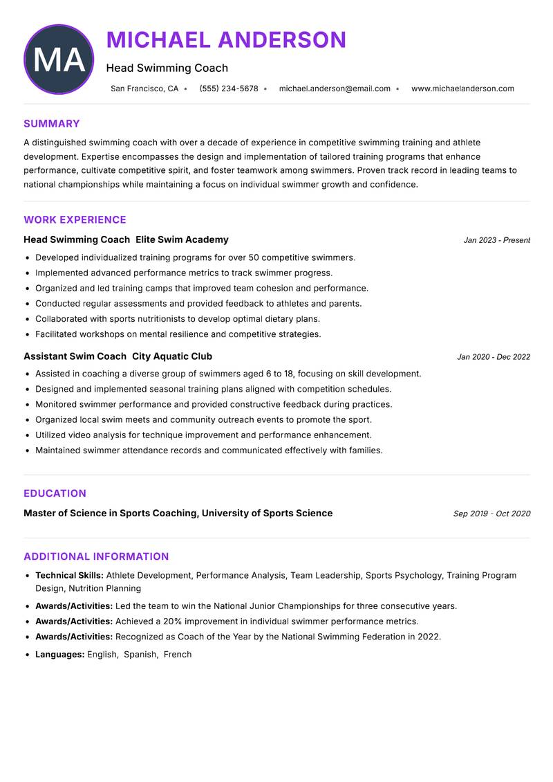 Swimming Coach resume example — ATS-friendly template