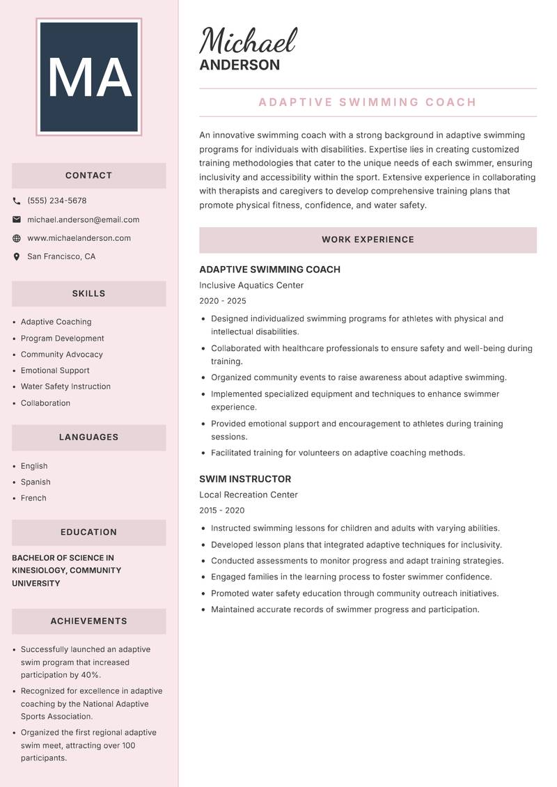 Swimming Coach resume template — Executive