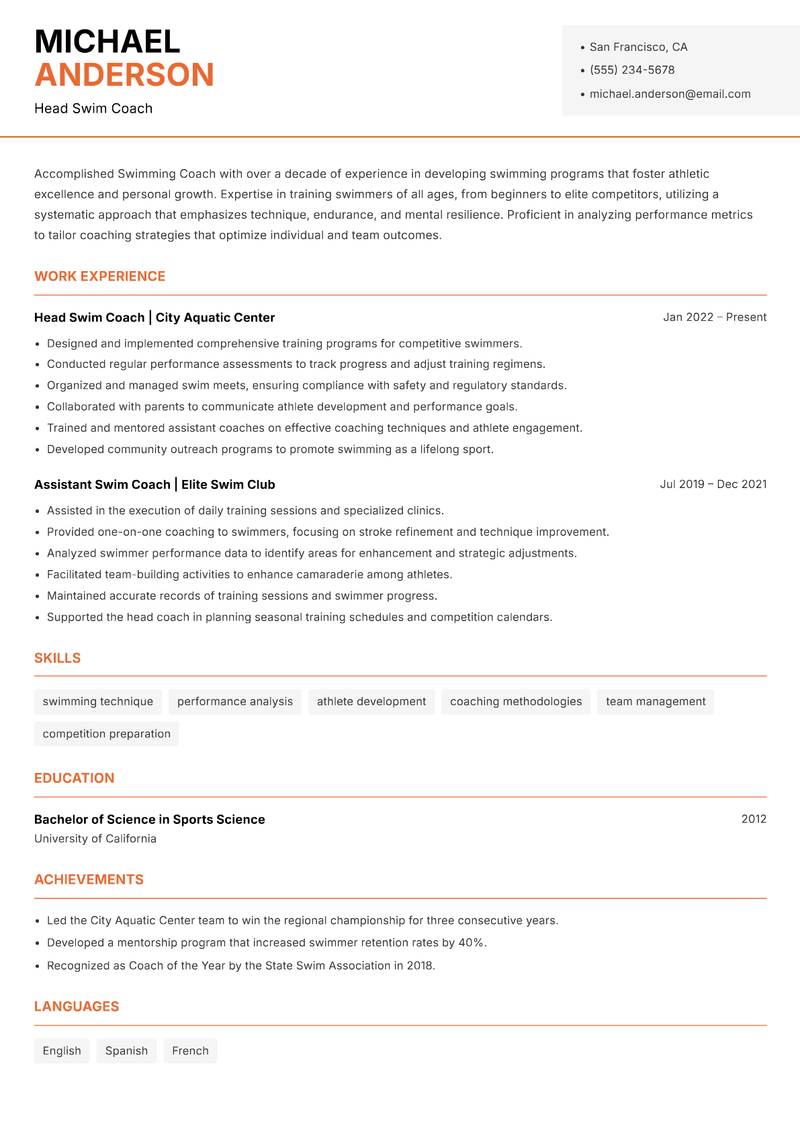 Swimming Coach resume template — Modern Professional