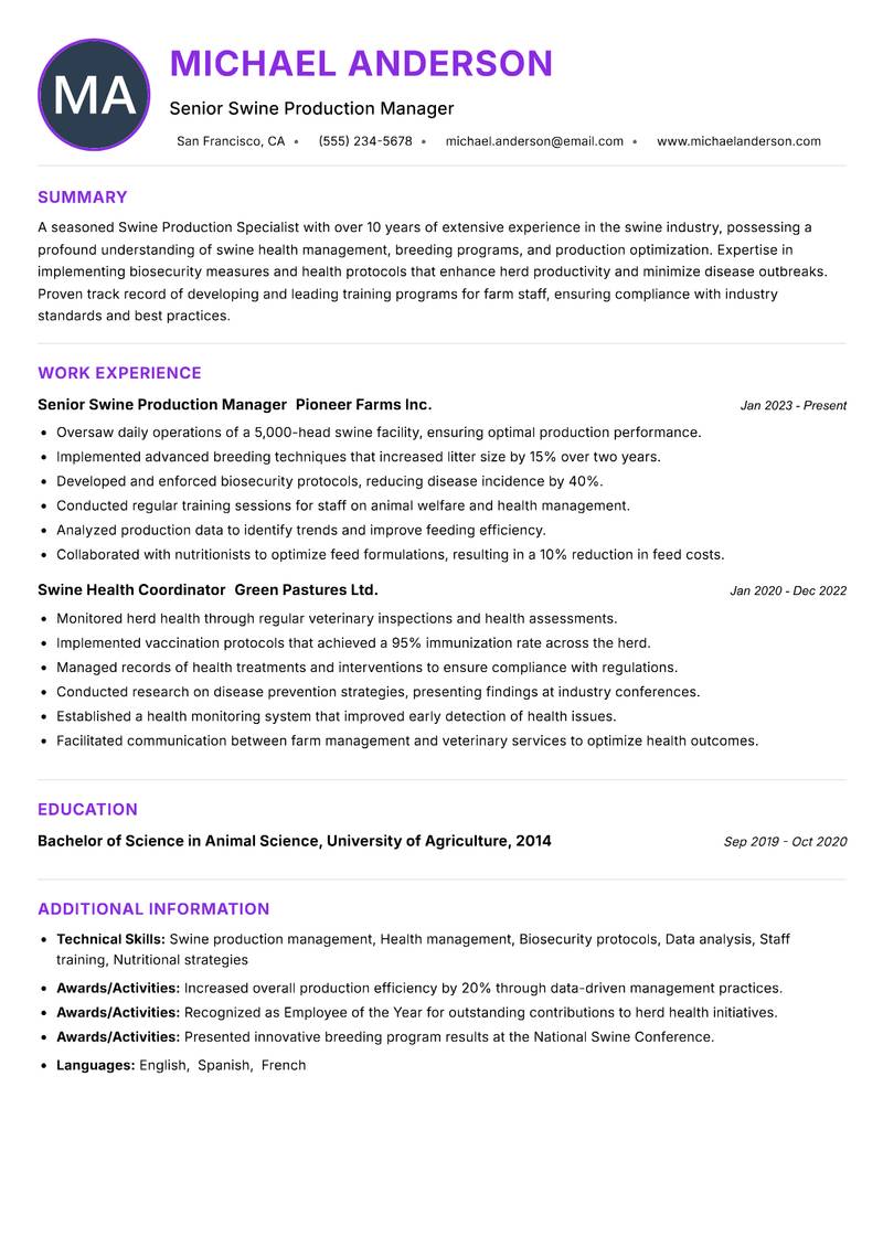 Swine Production Specialist resume example — ATS-friendly template