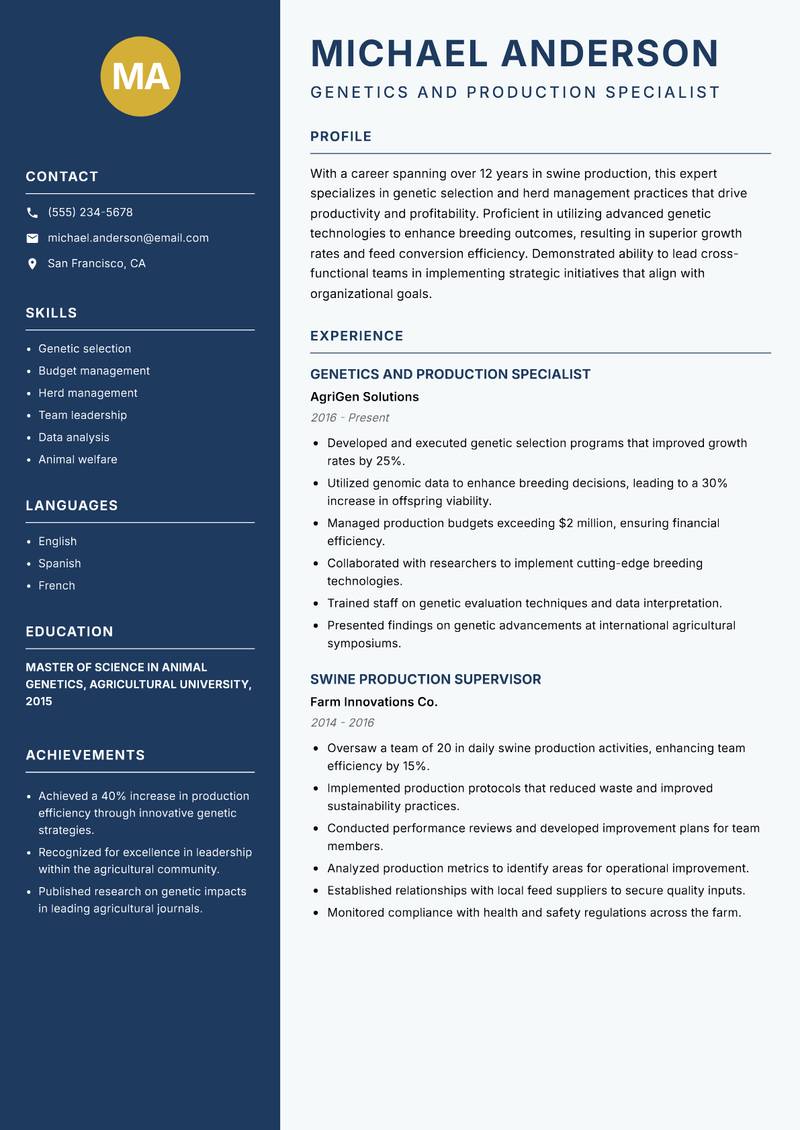 Swine Production Specialist resume template — Classic Clean