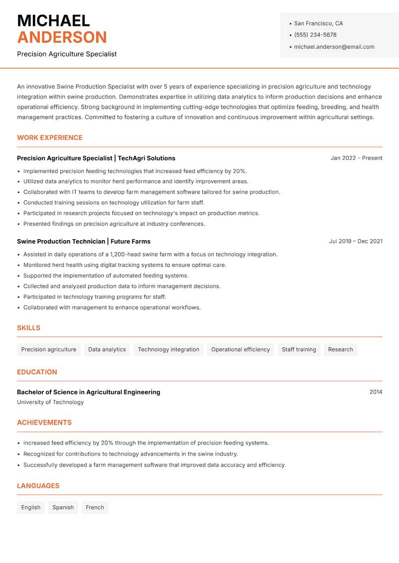 Swine Production Specialist resume template — Modern Professional