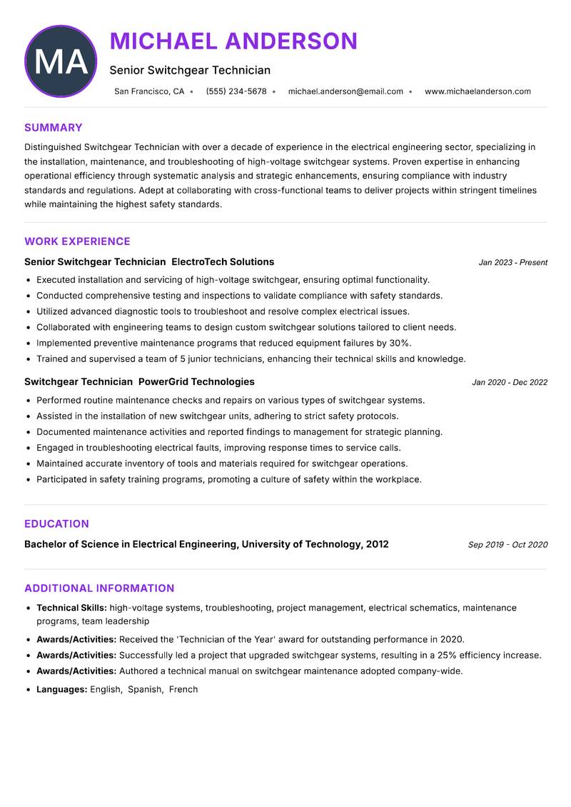 Switchgear Technician resume example — ATS-friendly template