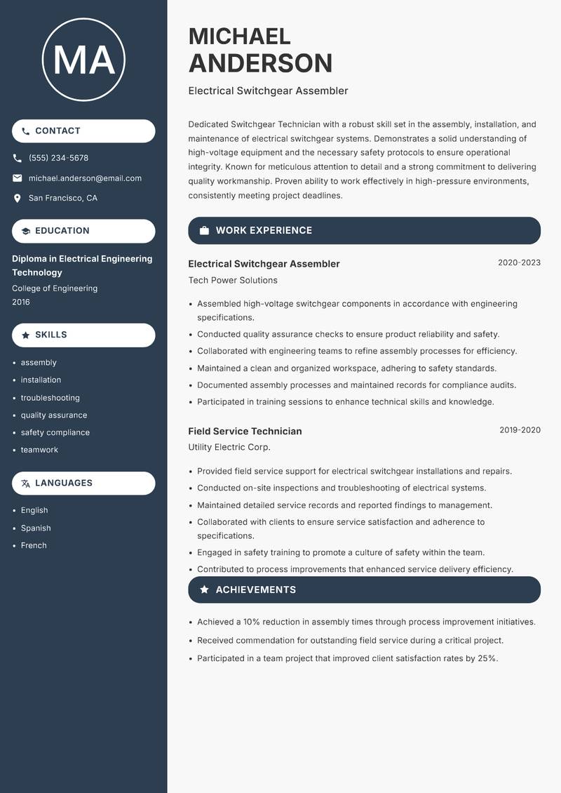 Switchgear Technician resume template — Compact