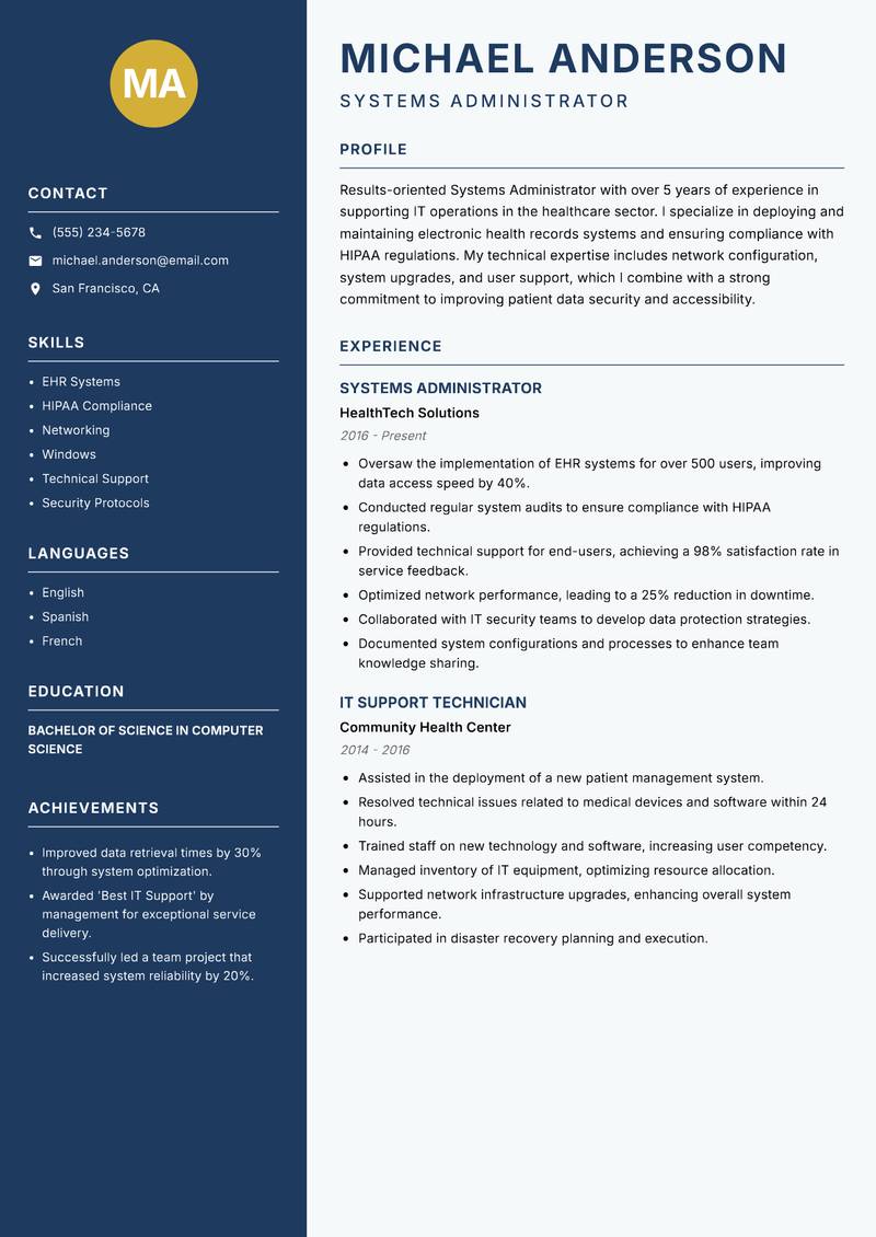 Systems Administrator resume template — Classic Clean