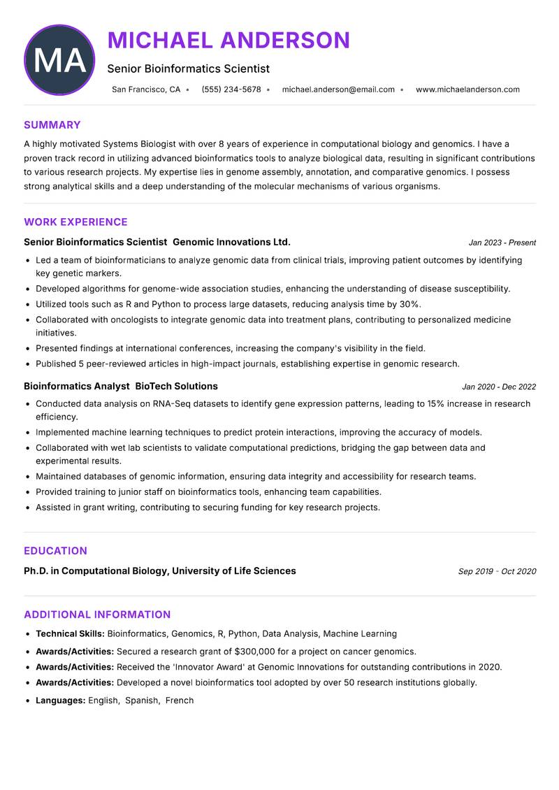 Systems Biologist resume example — ATS-friendly template