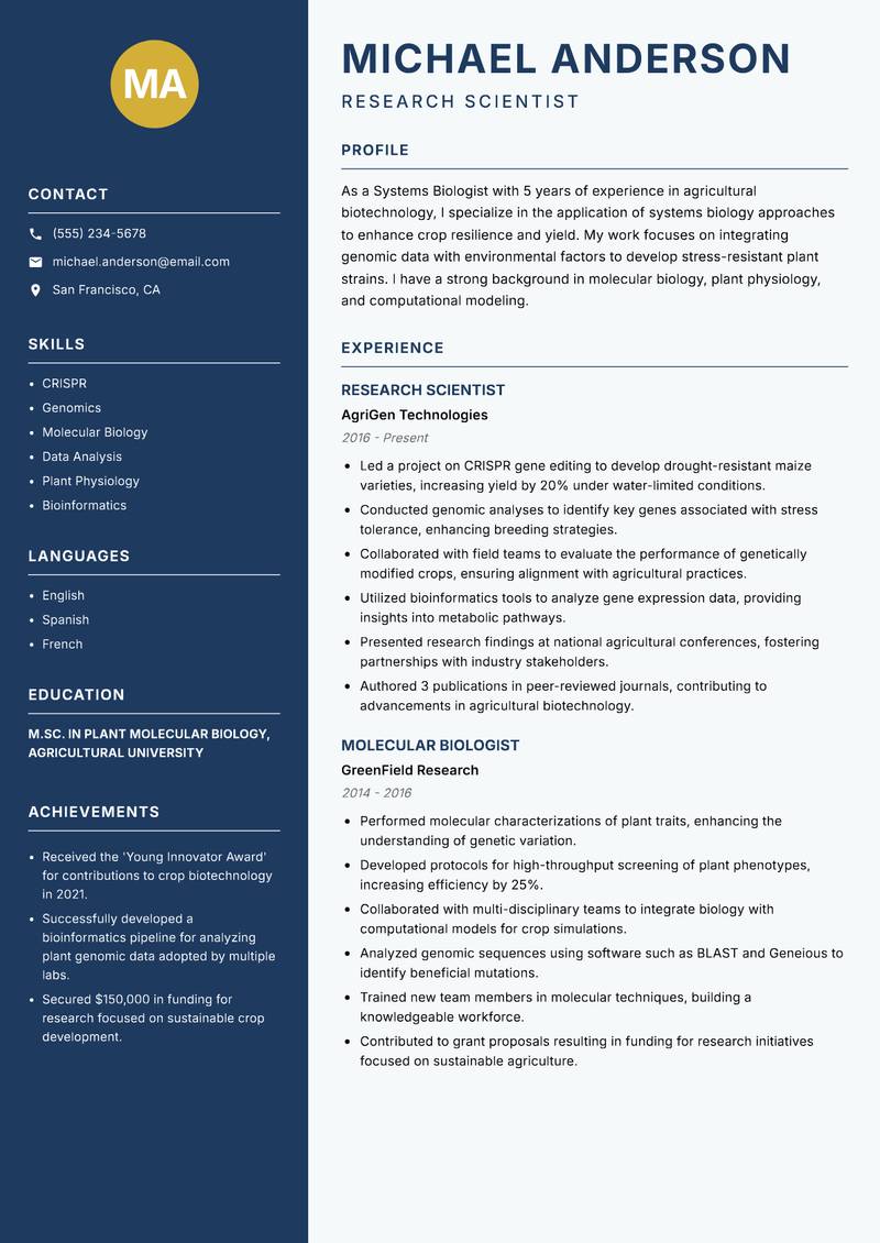 Systems Biologist resume template — Classic Clean