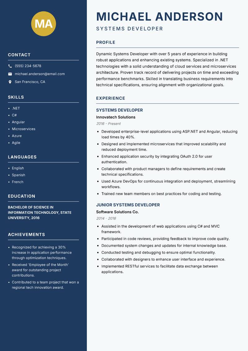 Systems Developer resume template — Classic Clean