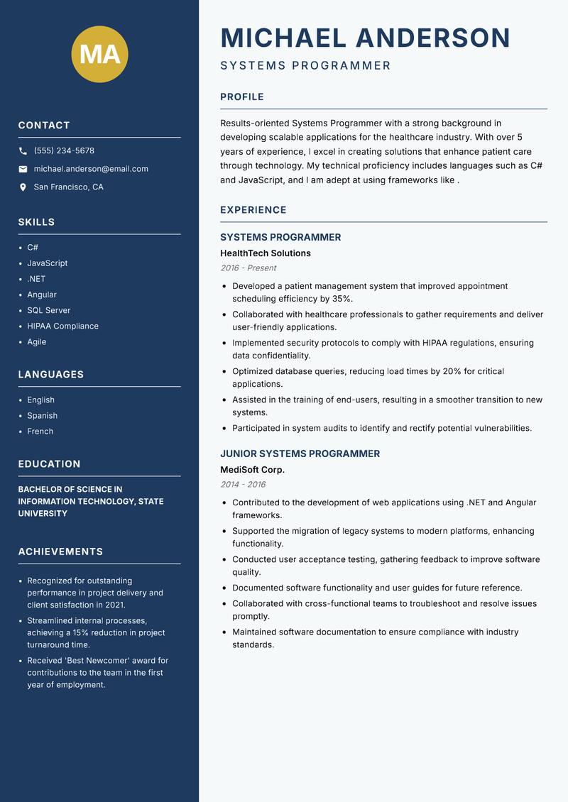 Systems Programmer resume template — Classic Clean