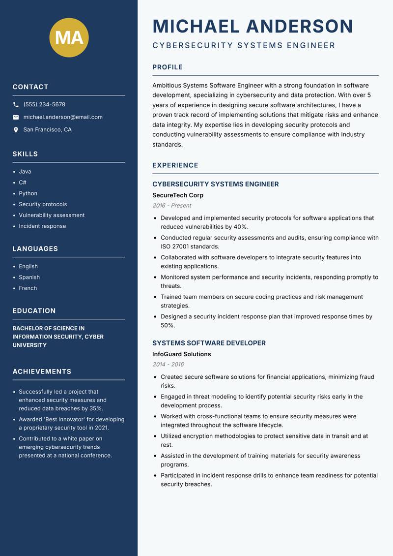Systems Software Engineer resume template — Classic Clean