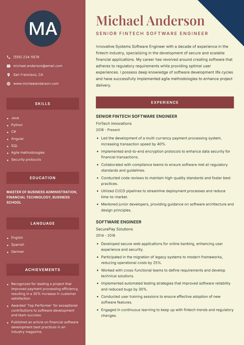 Systems Software Engineer resume template — Two Column