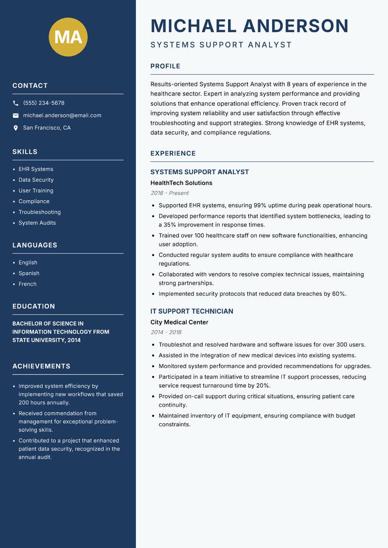 Systems Support Analyst resume template — Classic Clean