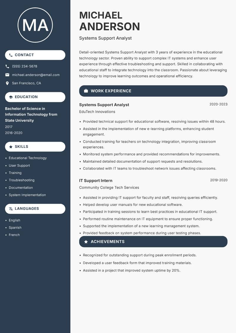 Systems Support Analyst resume template — Compact